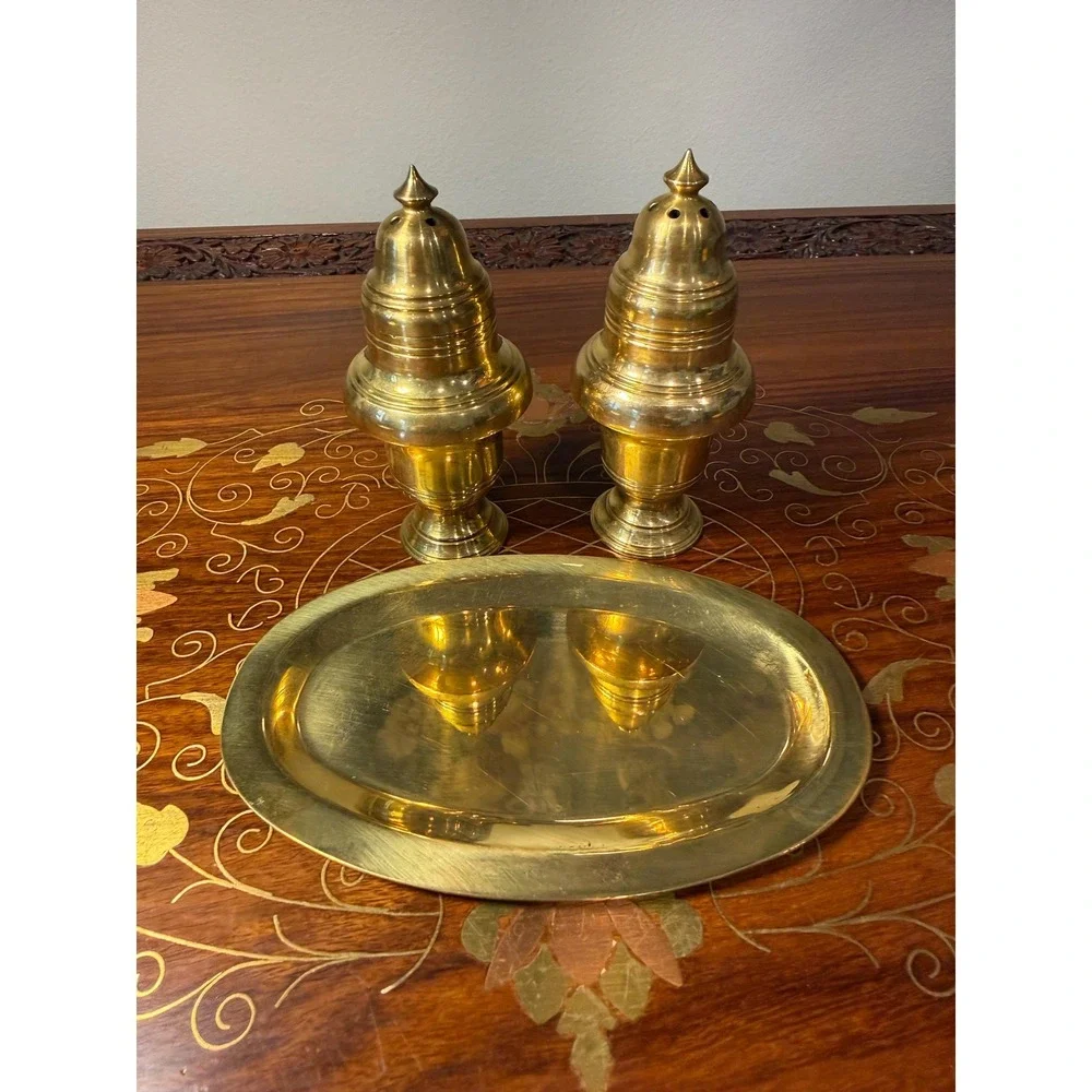 Vintage Brass Salt and Pepper‎ Shaker Set with Tray